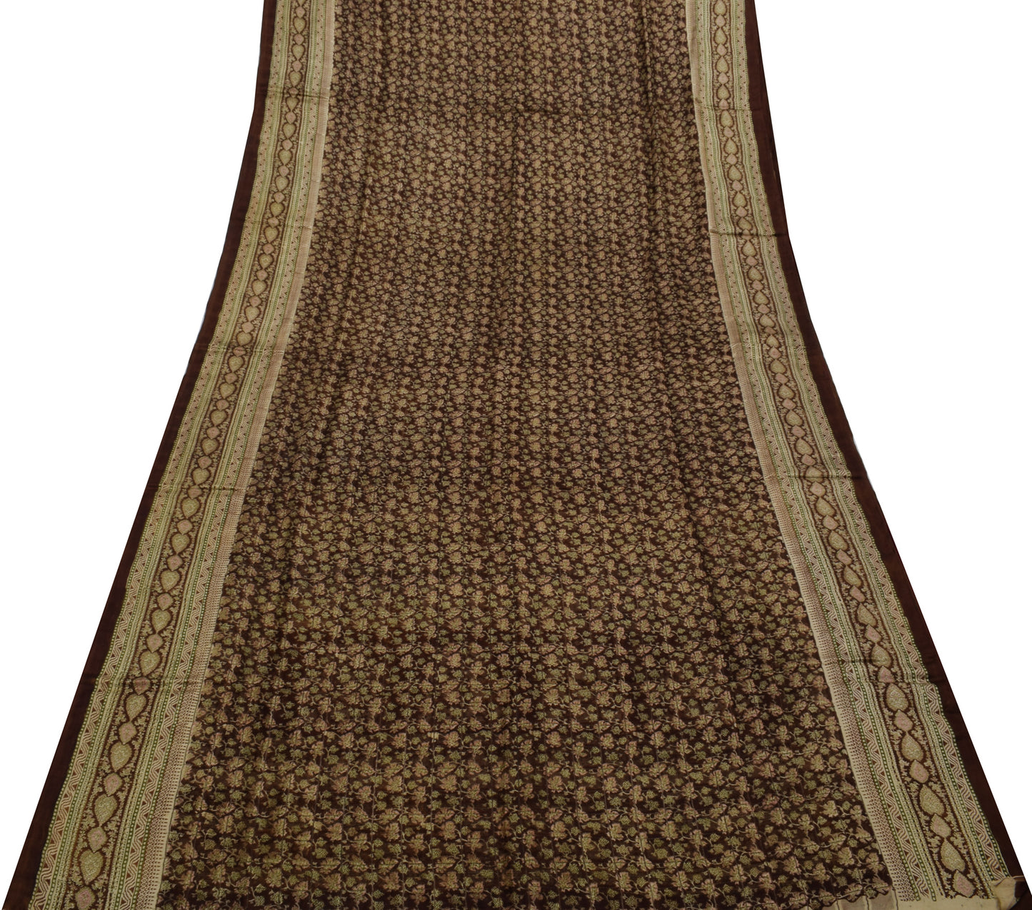 Sushila Vintage Btrown Saree 100% Pure Silk Printed Floral Soft Craft Fabric