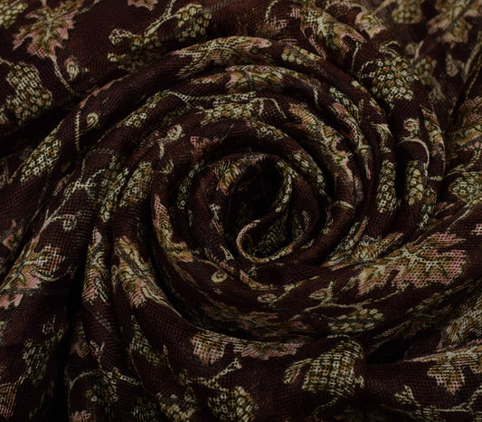 Sushila Vintage Btrown Saree 100% Pure Silk Printed Floral Soft Craft Fabric