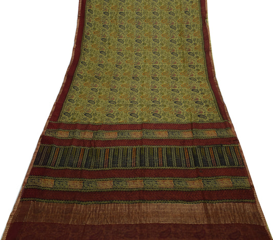 Sushila Vintage Green Saree Pure Chiffon Silk Printed Floral Soft Craft Fabric