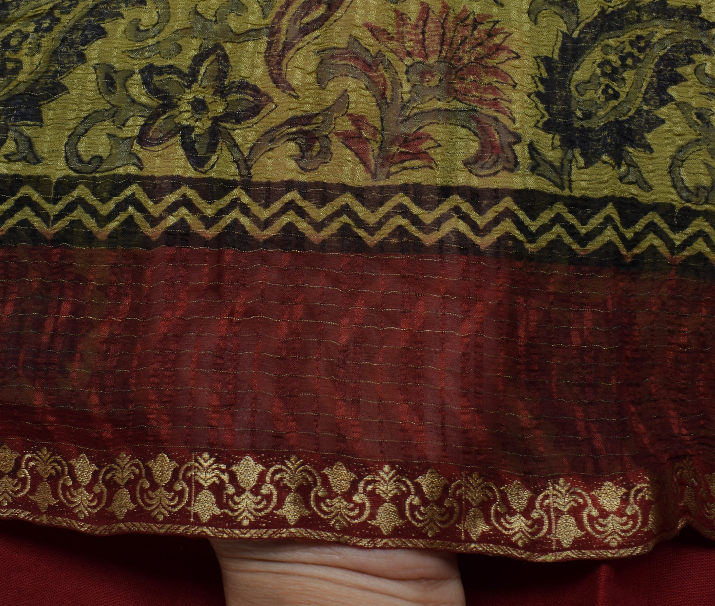 Sushila Vintage Green Saree Pure Chiffon Silk Printed Floral Soft Craft Fabric