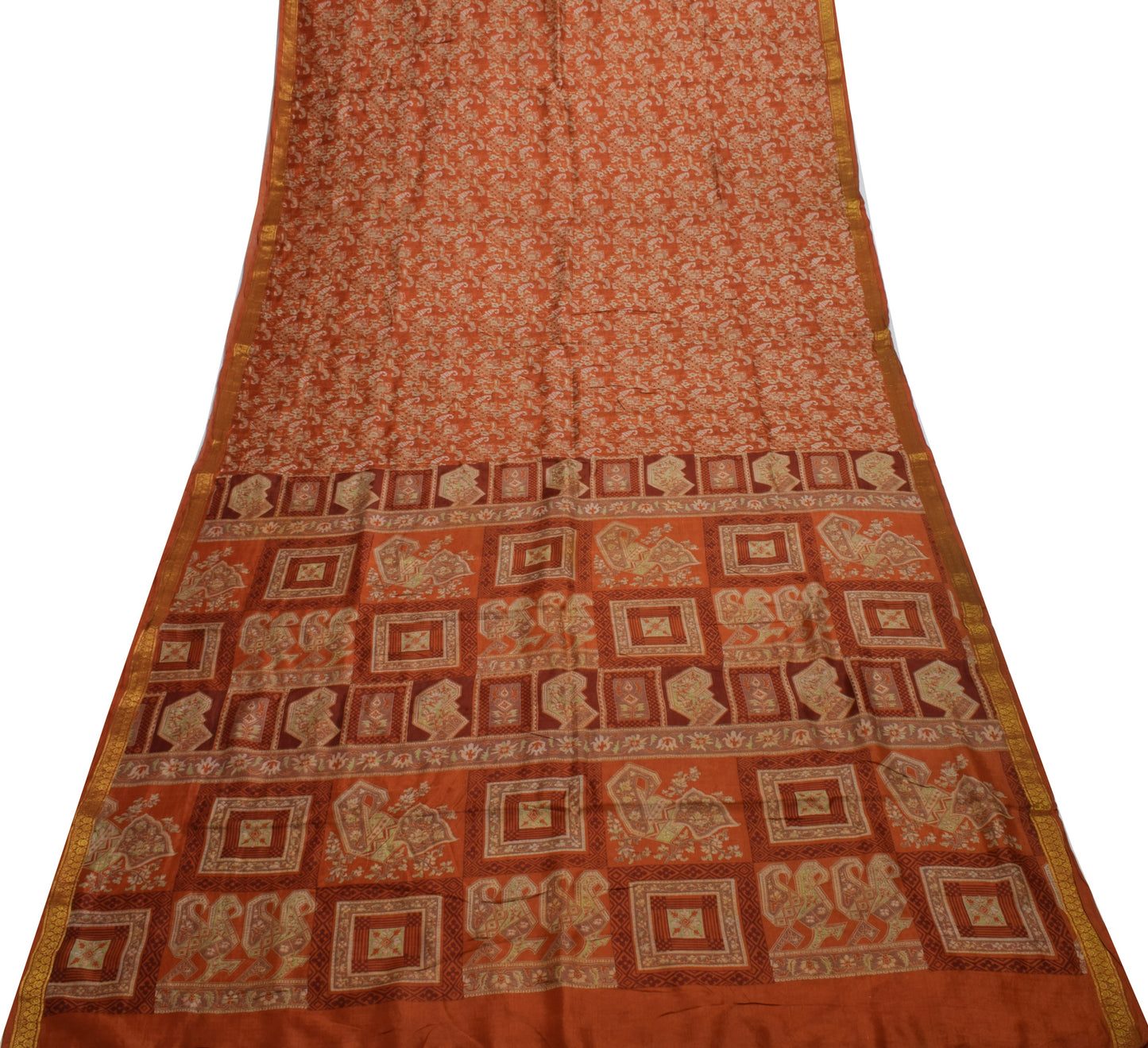 Sushila Vintage Rust Saree 100% Pure Silk Printed Paisley 5 YD Soft Craft Fabric