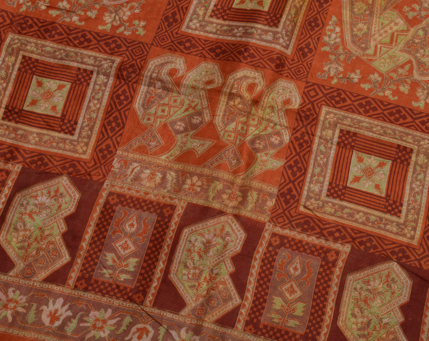 Sushila Vintage Rust Saree 100% Pure Silk Printed Paisley 5 YD Soft Craft Fabric