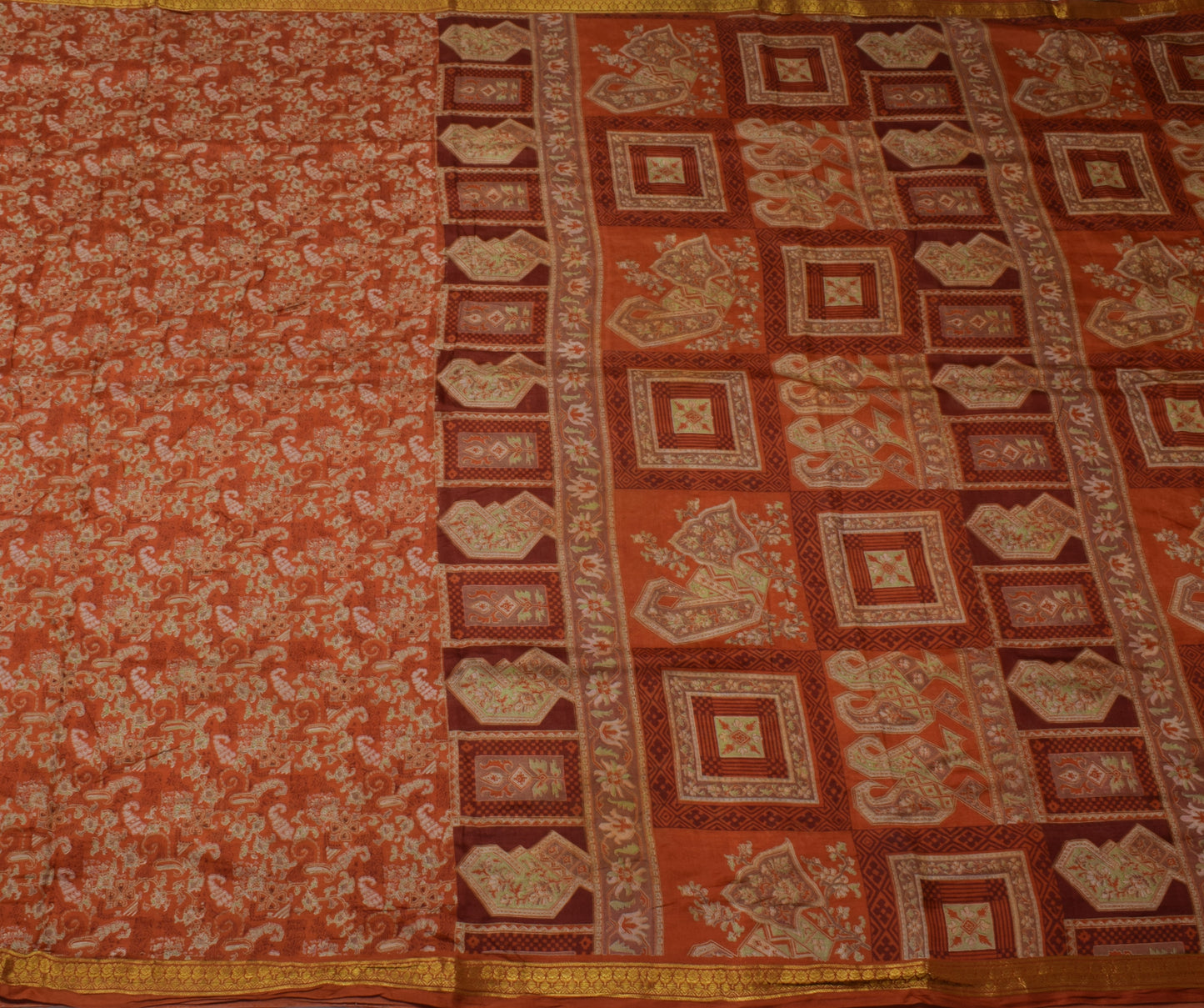 Sushila Vintage Rust Saree 100% Pure Silk Printed Paisley 5 YD Soft Craft Fabric