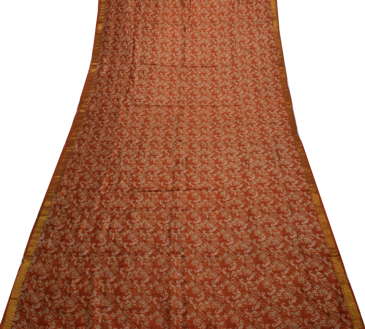 Sushila Vintage Rust Saree 100% Pure Silk Printed Paisley 5 YD Soft Craft Fabric