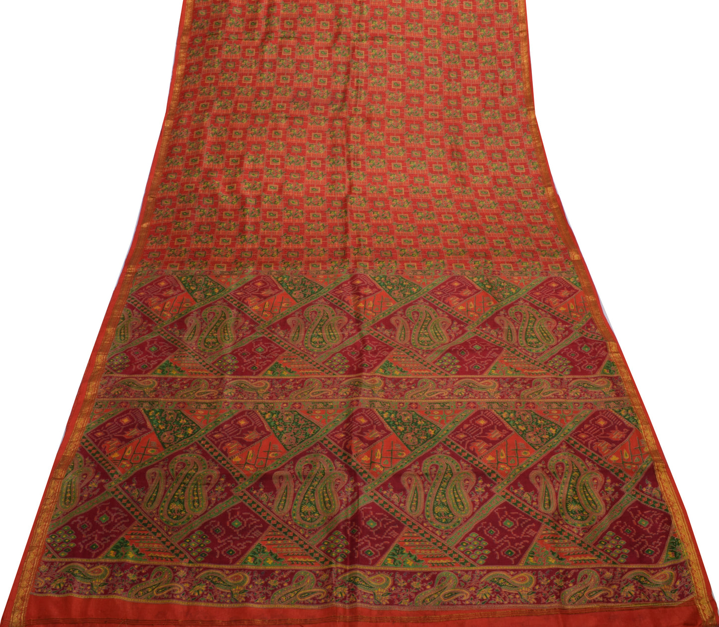 Sushila Vintage Orange Saree 100% Pure Silk Printed Floral Soft Craft Fabric