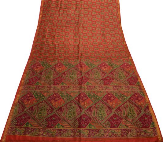 Sushila Vintage Orange Saree 100% Pure Silk Printed Floral Soft Craft Fabric