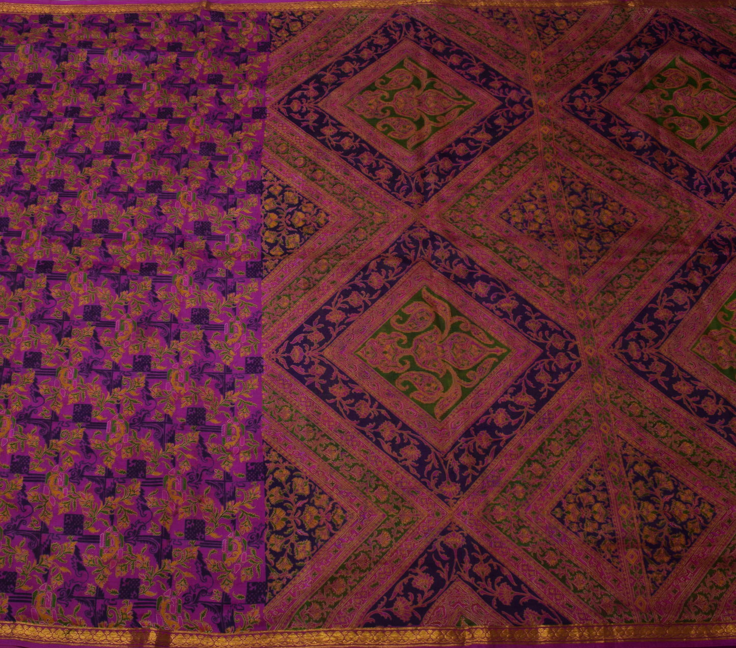 Sushila Vintage Purple Saree 100% Pure Silk Printed Floral Soft Craft Fabric