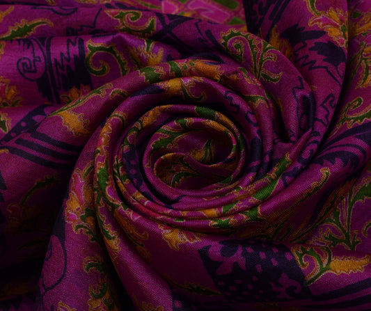 Sushila Vintage Purple Saree 100% Pure Silk Printed Floral Soft Craft Fabric