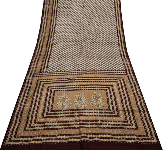 Sushila Vintage Cream Saree 100% Pure Silk Hand Block Printed Floral Soft Fabric