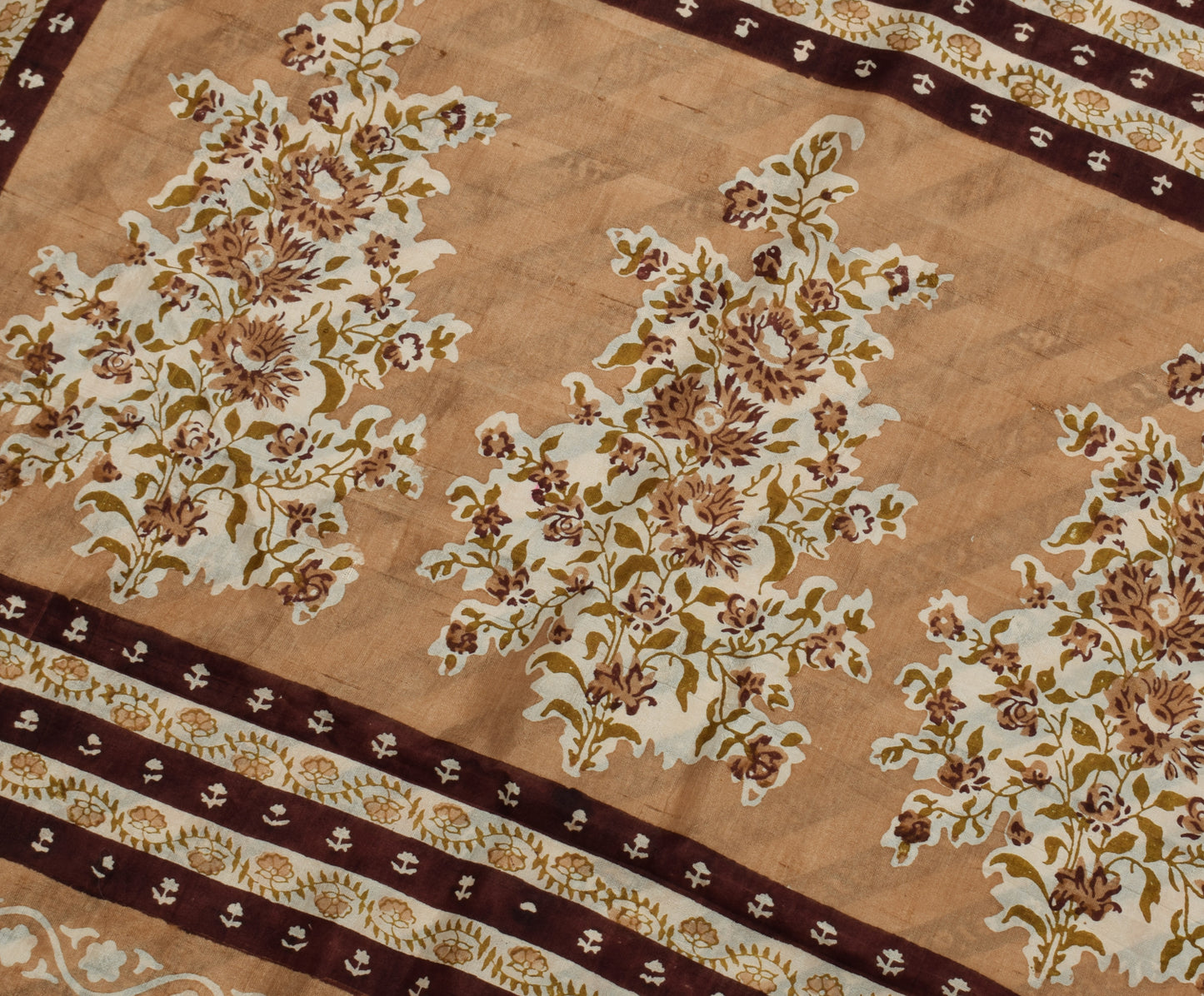 Sushila Vintage Cream Saree 100% Pure Silk Hand Block Printed Floral Soft Fabric