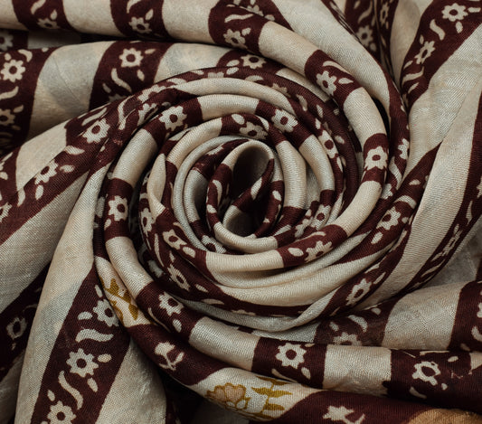 Sushila Vintage Cream Saree 100% Pure Silk Hand Block Printed Floral Soft Fabric