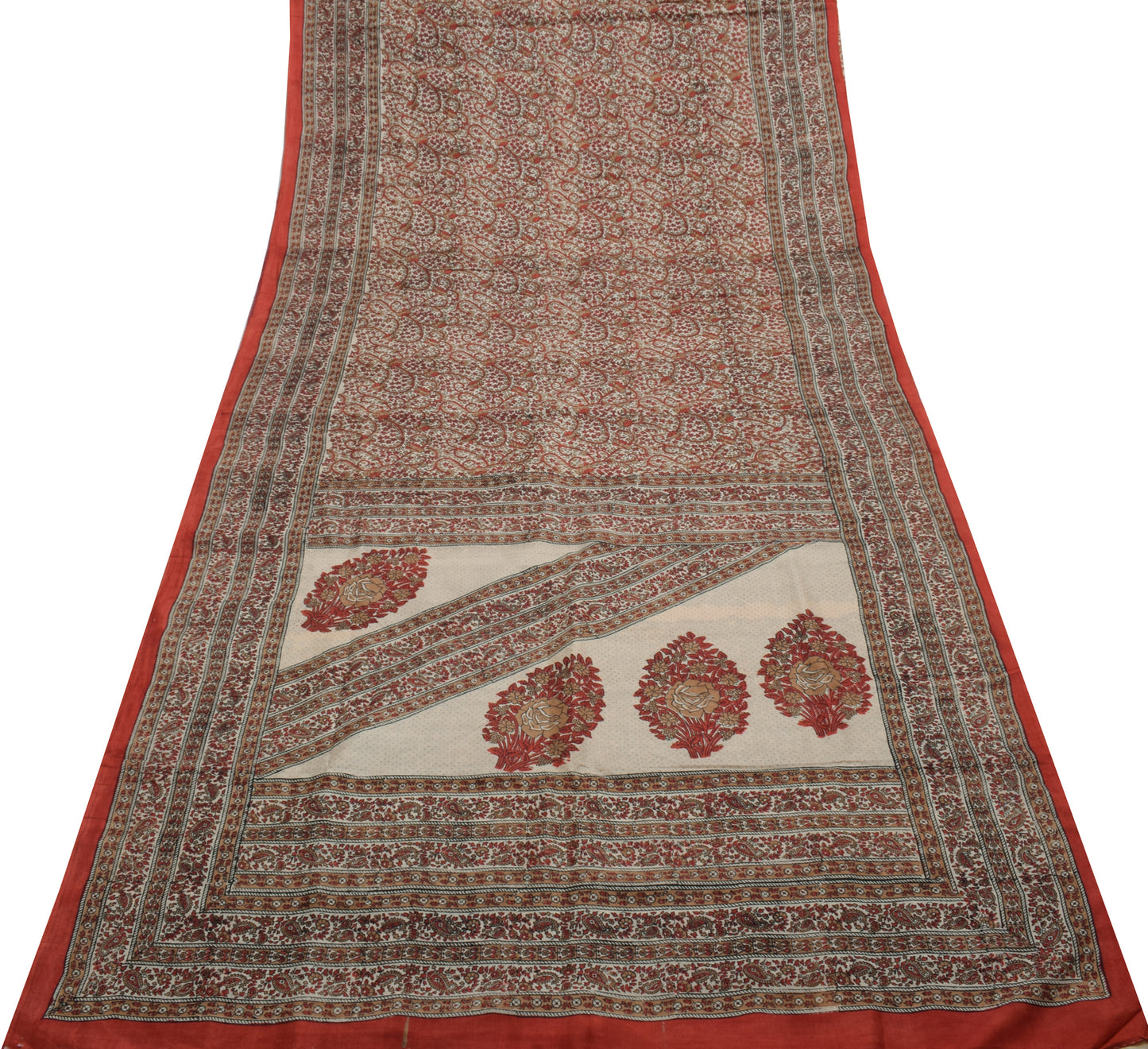 Sushila Vintage Cream Saree 100% Pure Silk Hand Block Printed Soft Craft Fabric