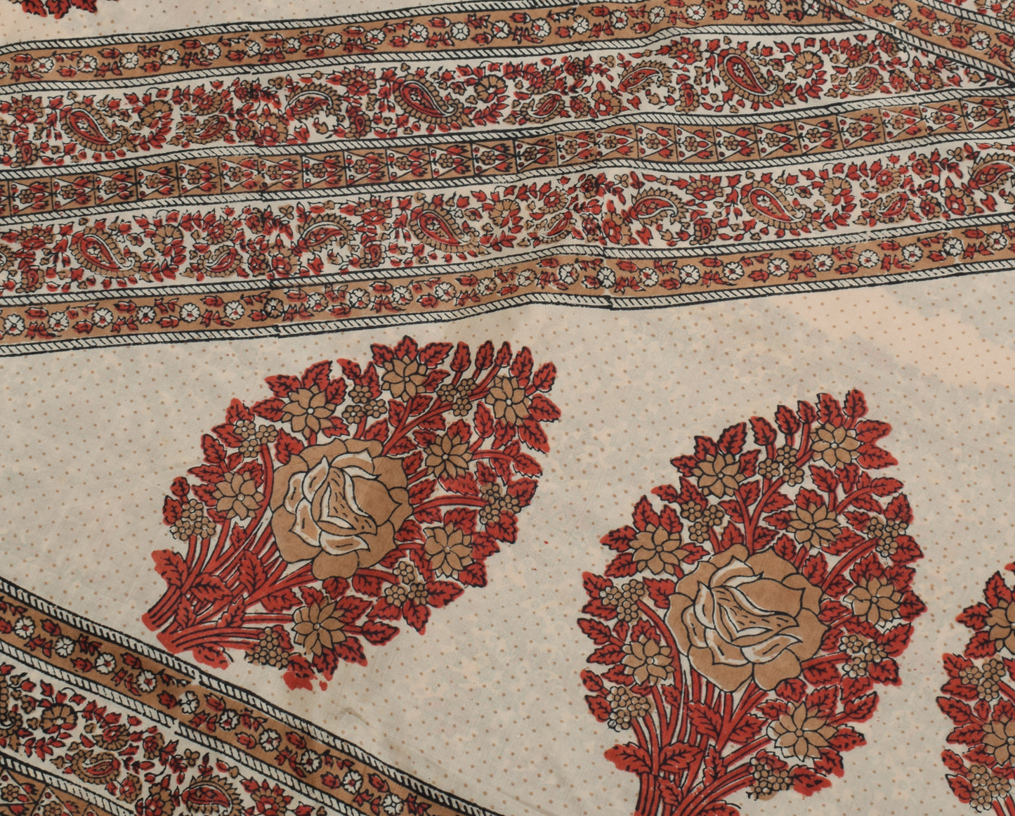 Sushila Vintage Cream Saree 100% Pure Silk Hand Block Printed Soft Craft Fabric