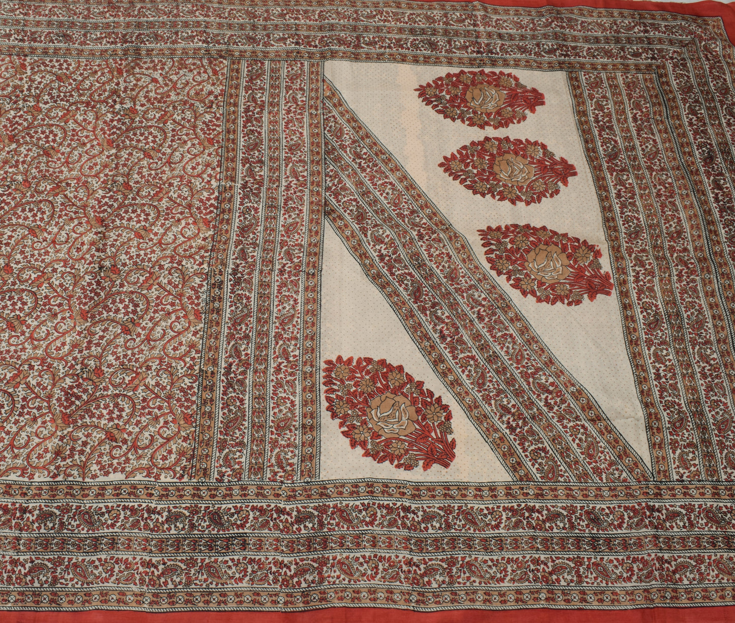 Sushila Vintage Cream Saree 100% Pure Silk Hand Block Printed Soft Craft Fabric