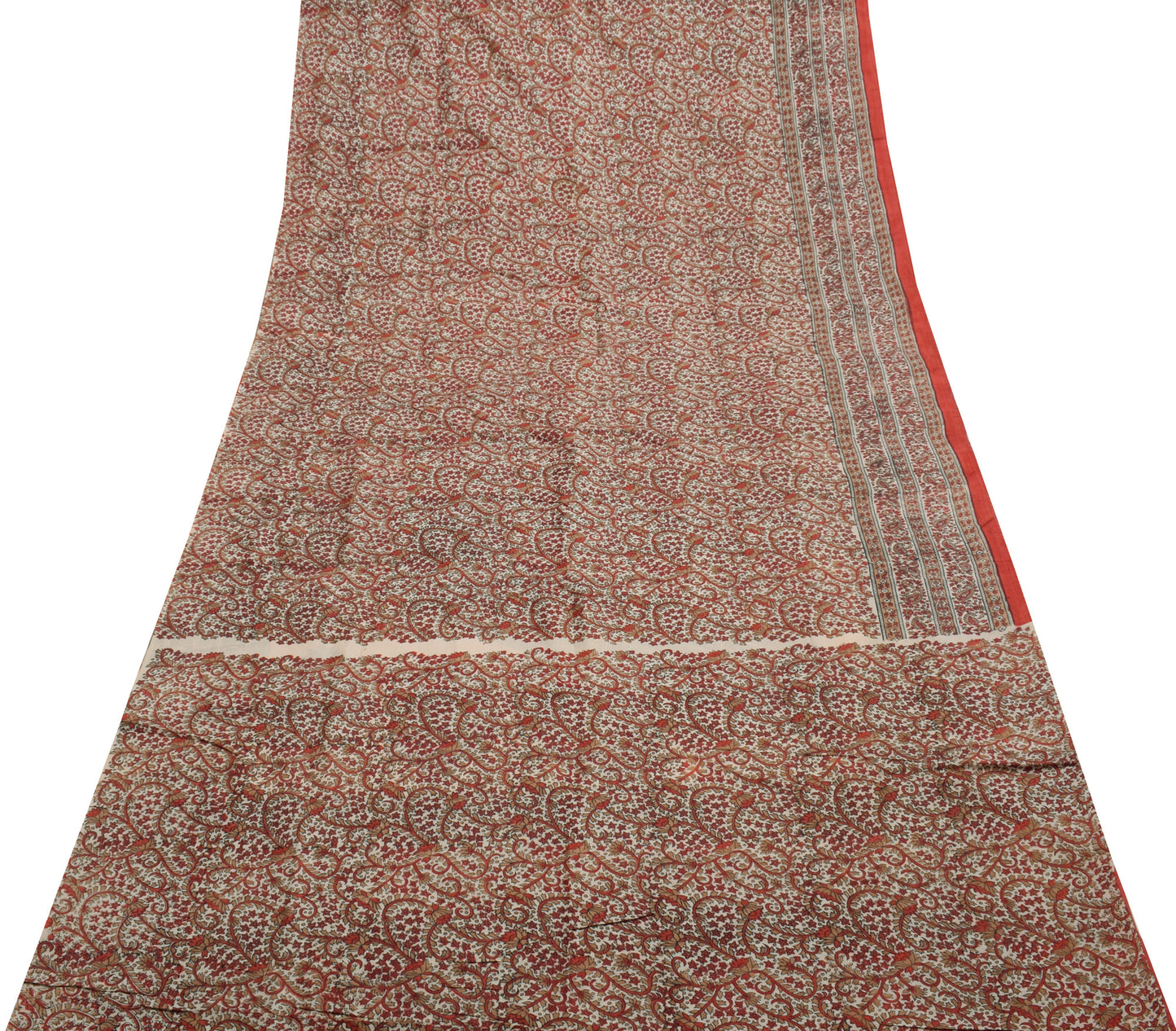 Sushila Vintage Cream Saree 100% Pure Silk Hand Block Printed Soft Craft Fabric