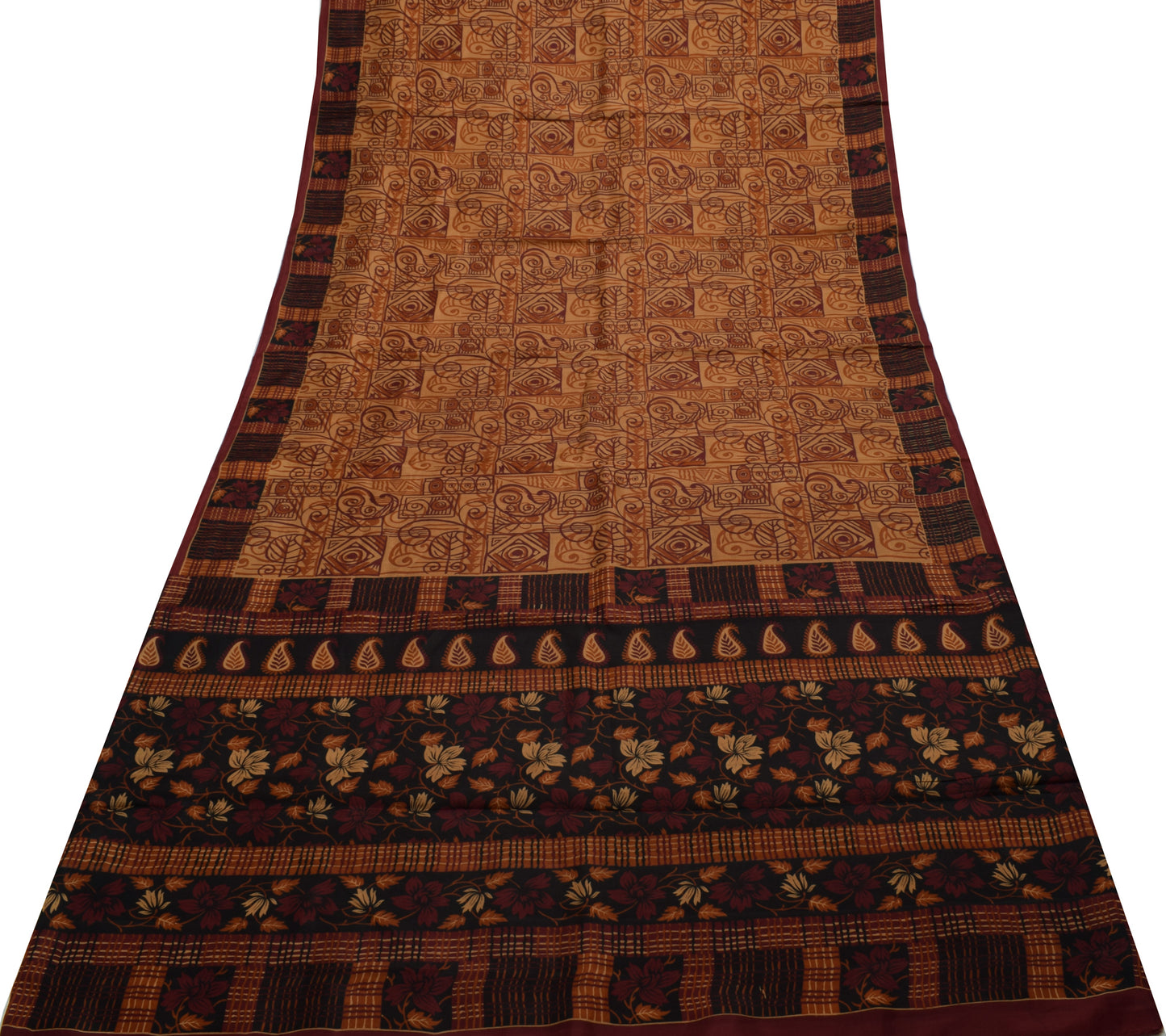 Sushila Vintage Brown Saree 100% Pure Silk Printed Paisley Soft Craft Fabric