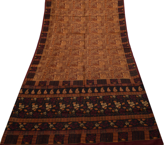 Sushila Vintage Brown Saree 100% Pure Silk Printed Paisley Soft Craft Fabric