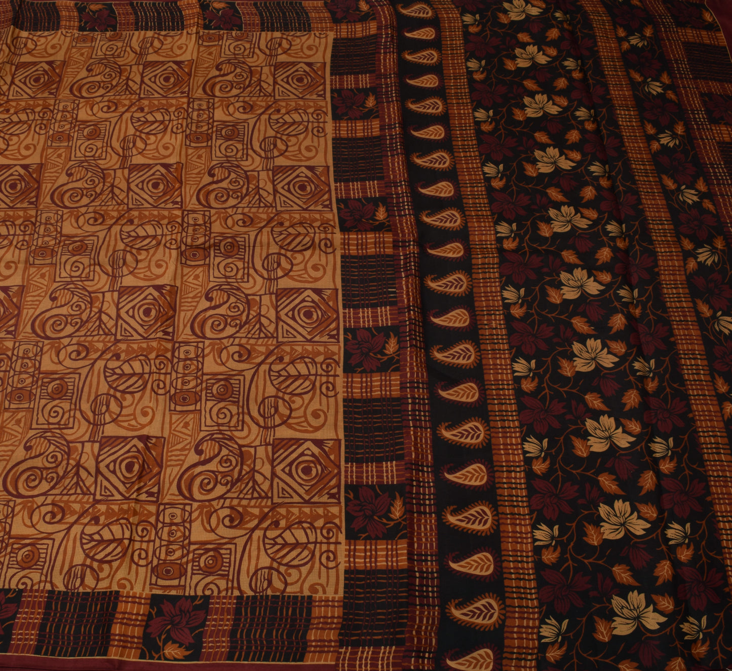 Sushila Vintage Brown Saree 100% Pure Silk Printed Paisley Soft Craft Fabric