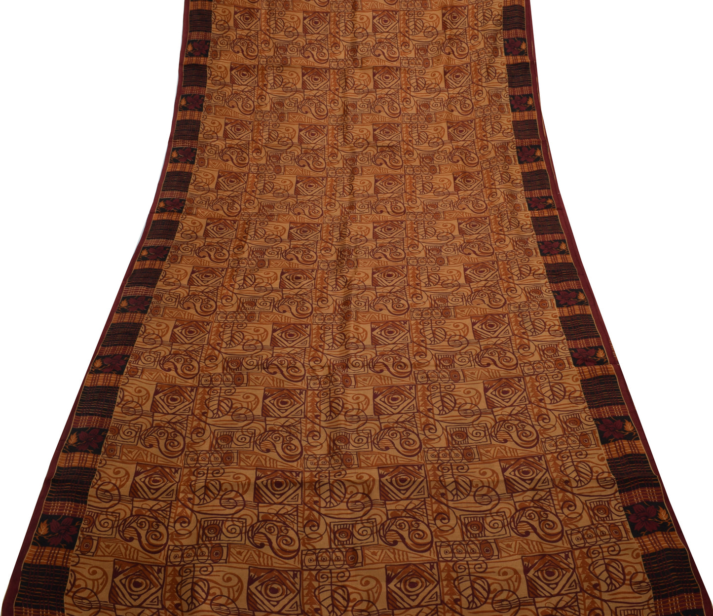 Sushila Vintage Brown Saree 100% Pure Silk Printed Paisley Soft Craft Fabric