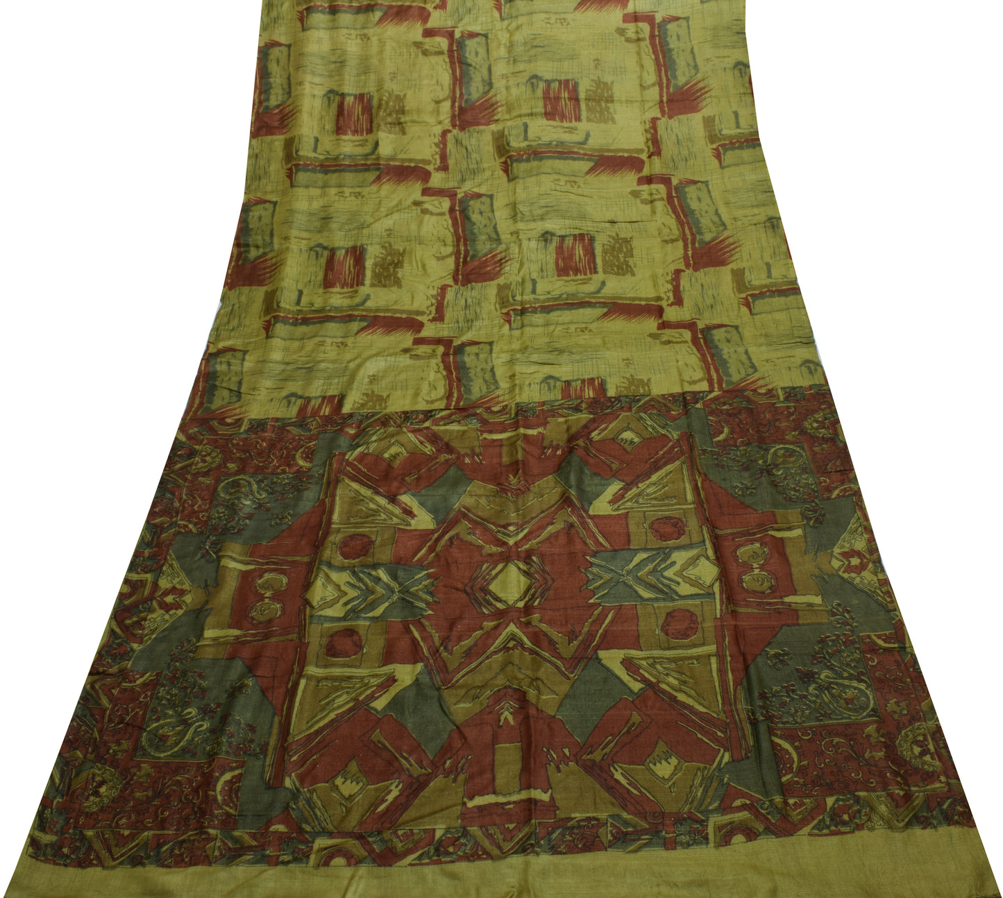 Sushila Vintage Green Indian Saree 100% Pure Silk Printed Soft Craft Fabric