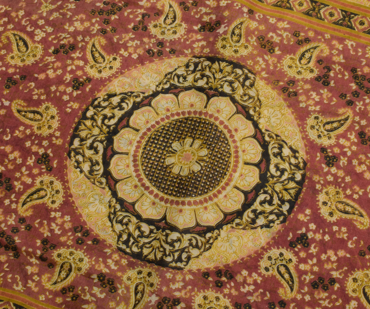 Sushila Vintage Cream Saree 100% Pure Cotton Printed Paisley 5 YD Craft Fabric