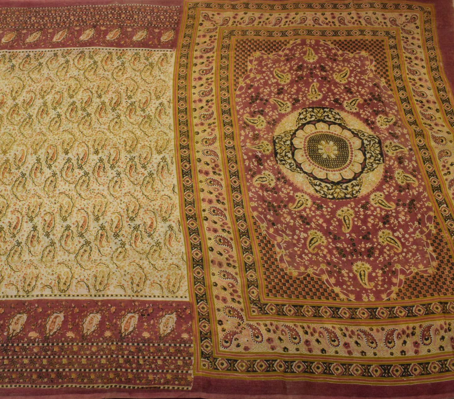 Sushila Vintage Cream Saree 100% Pure Cotton Printed Paisley 5 YD Craft Fabric