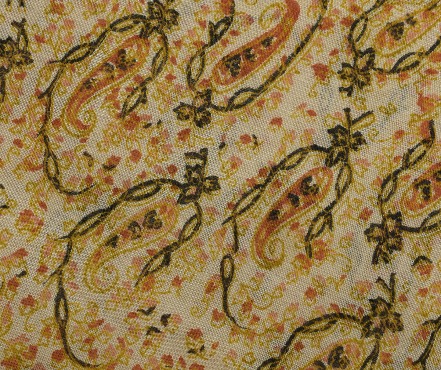 Sushila Vintage Cream Saree 100% Pure Cotton Printed Paisley 5 YD Craft Fabric