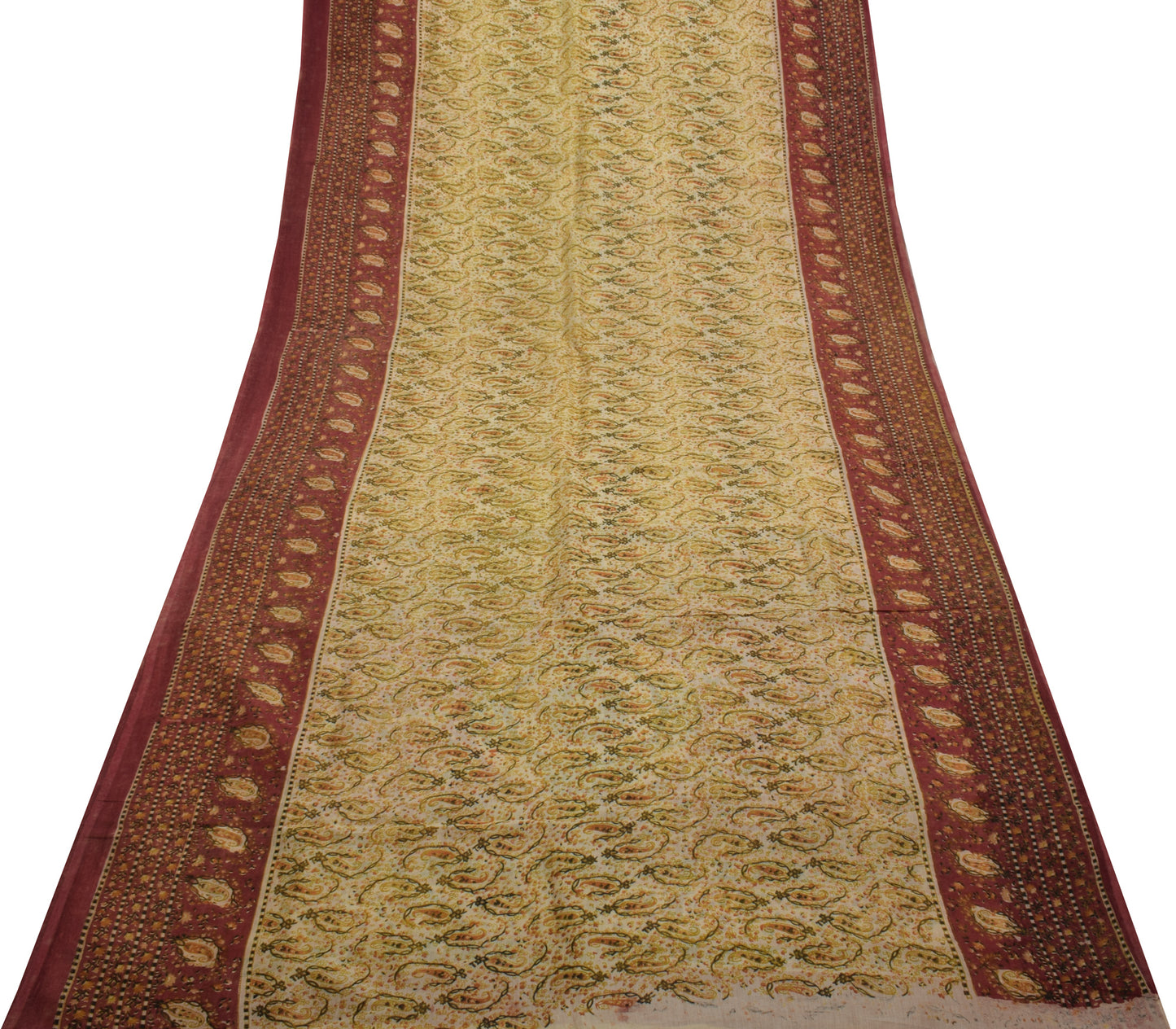 Sushila Vintage Cream Saree 100% Pure Cotton Printed Paisley 5 YD Craft Fabric