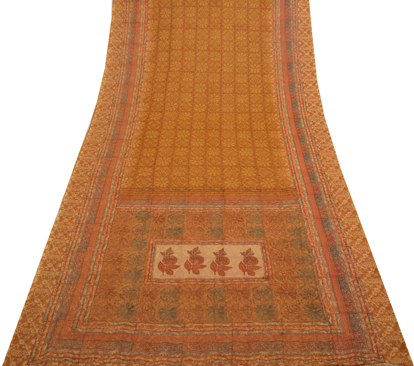 Sushila Vintage Mustard Saree Blend Chiffon Silk Printed Floral Craft Fabric