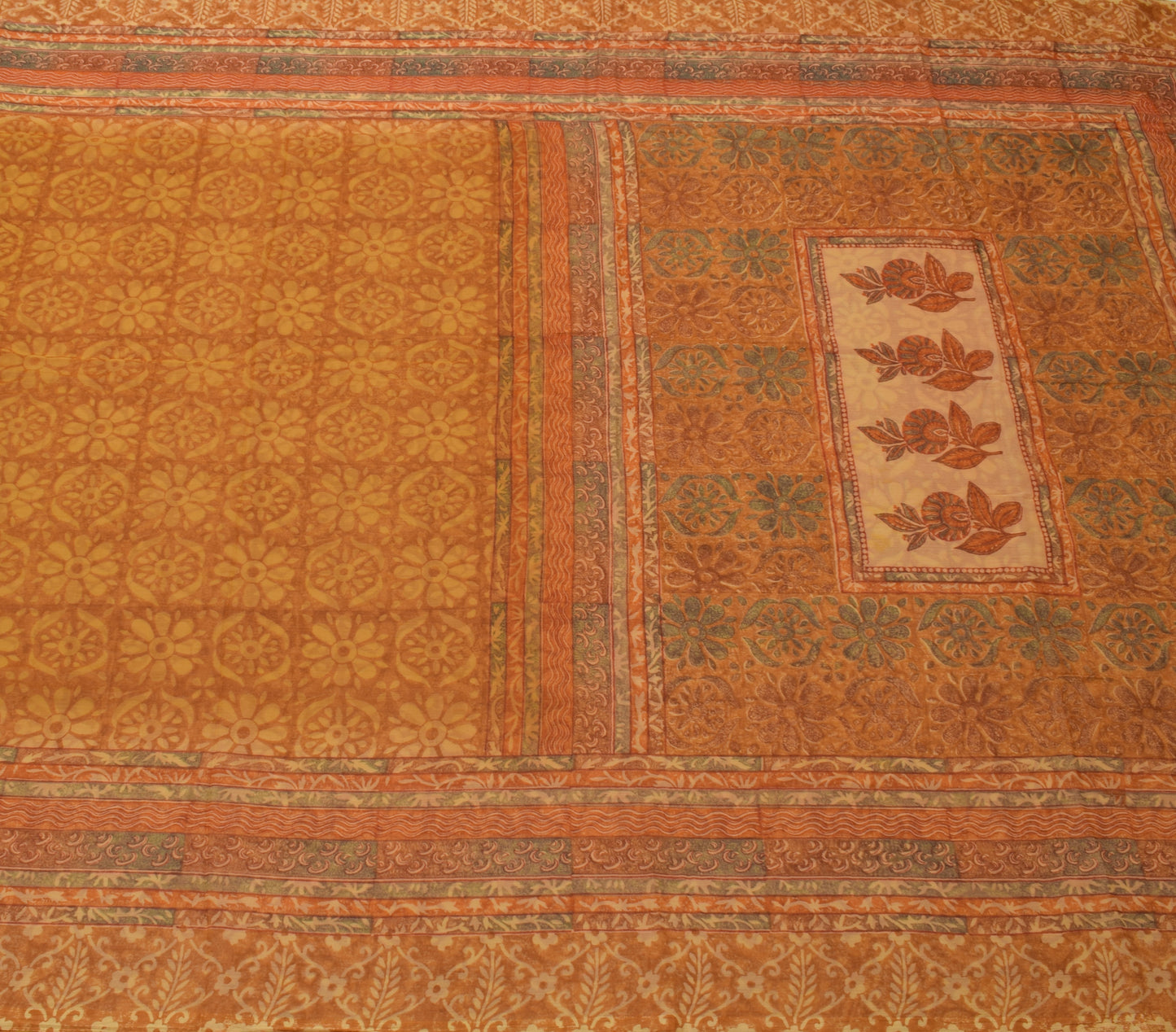 Sushila Vintage Mustard Saree Blend Chiffon Silk Printed Floral Craft Fabric