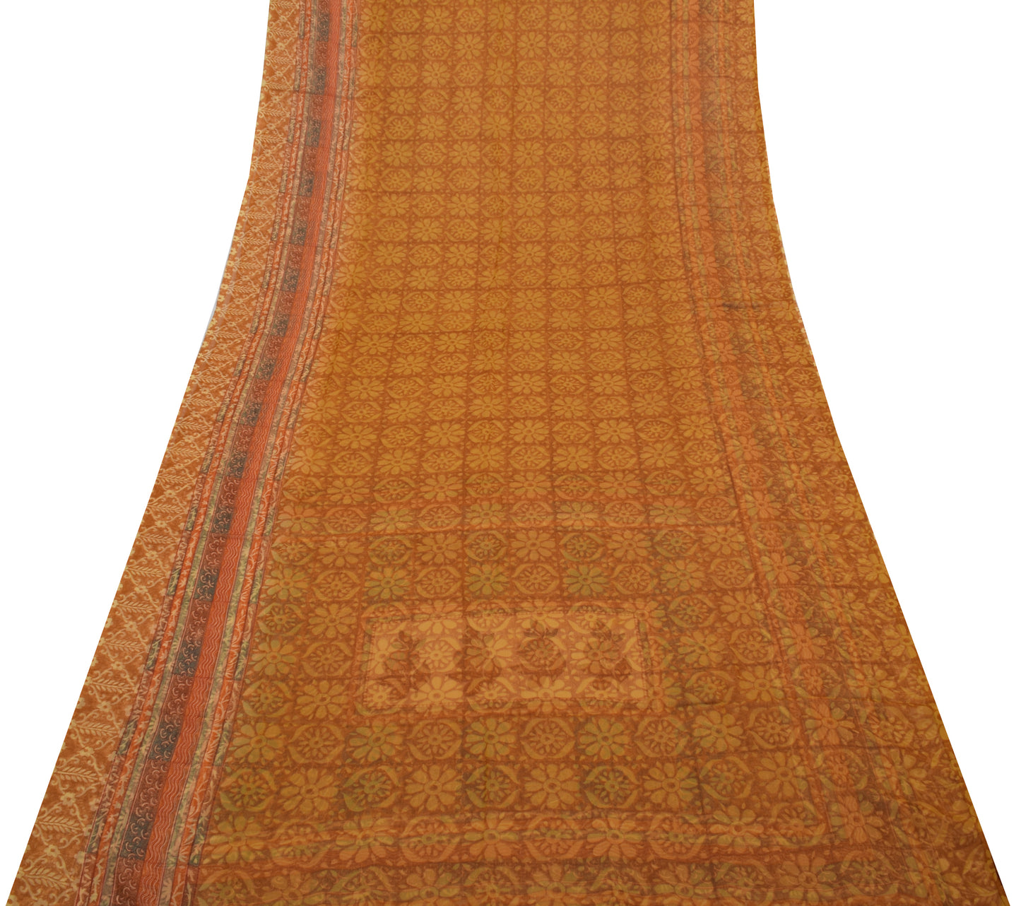 Sushila Vintage Mustard Saree Blend Chiffon Silk Printed Floral Craft Fabric