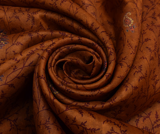 Sushila Vintage Brown Saree 100% Pure Silk Printed Floral Soft Craft Fabric