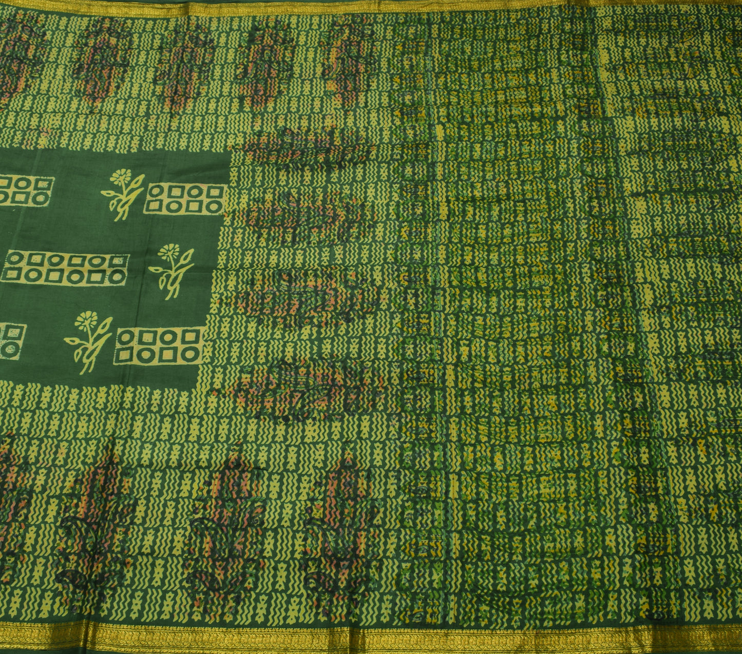 Sushila Vintage Green Saree 100% Pure Silk Printed Floral Soft Craft Sari Fabric