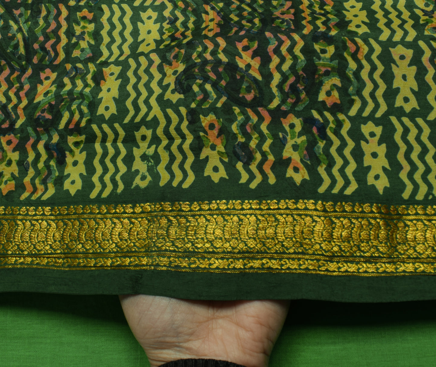 Sushila Vintage Green Saree 100% Pure Silk Printed Floral Soft Craft Sari Fabric