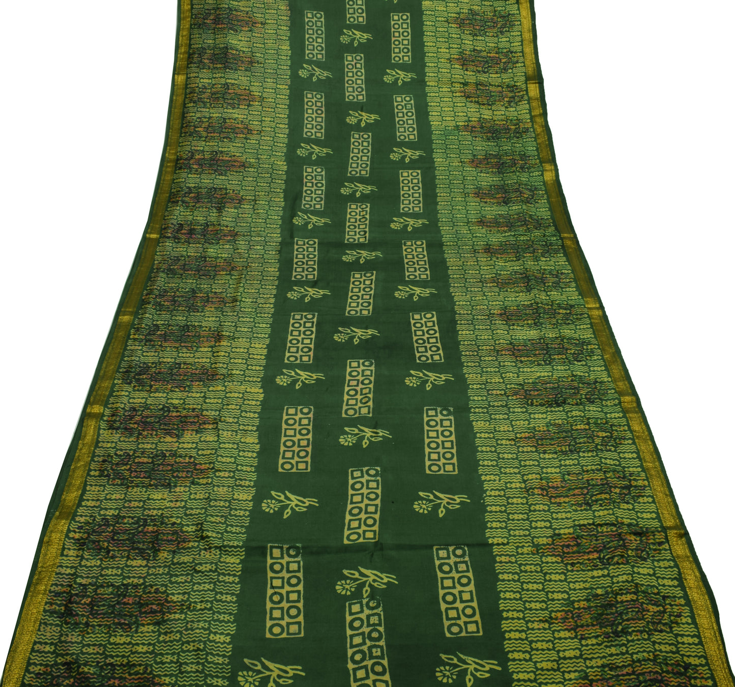 Sushila Vintage Green Saree 100% Pure Silk Printed Floral Soft Craft Sari Fabric