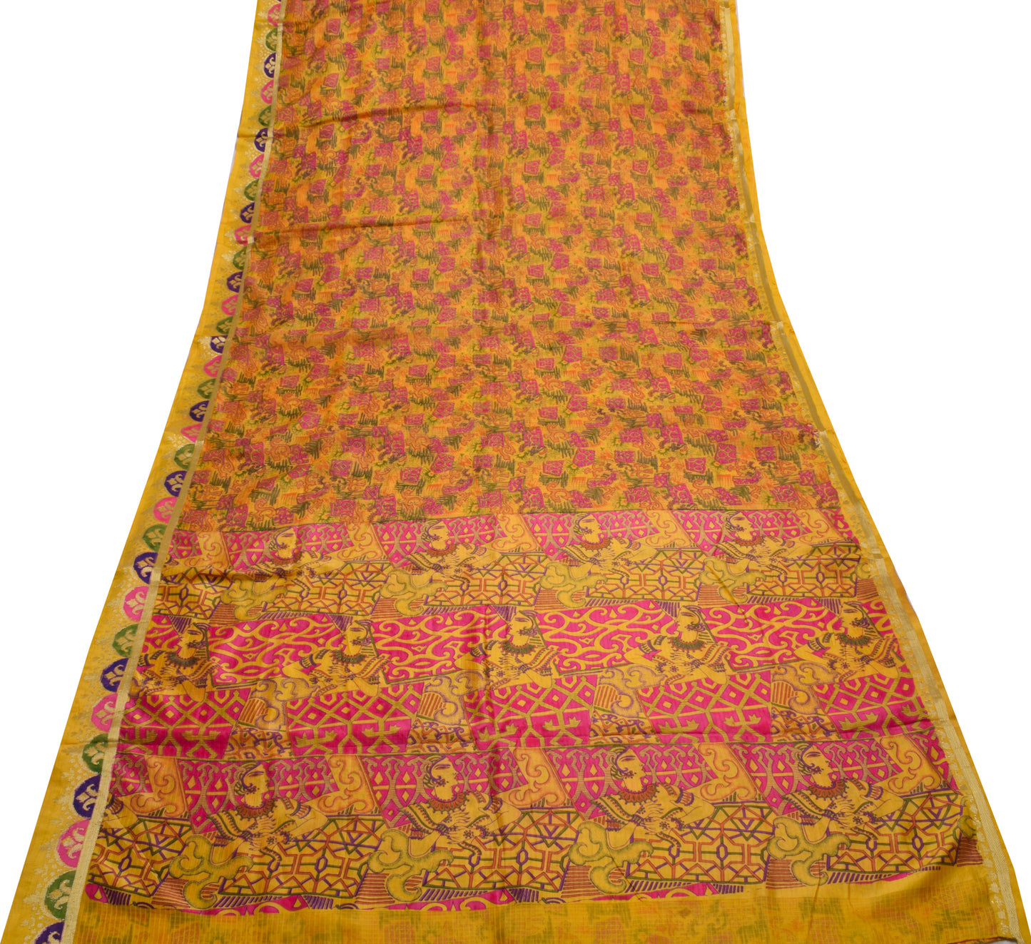 Sushila Vintage Indian Yellow Saree Pure Silk Printed Soft Craft Sari Fabric