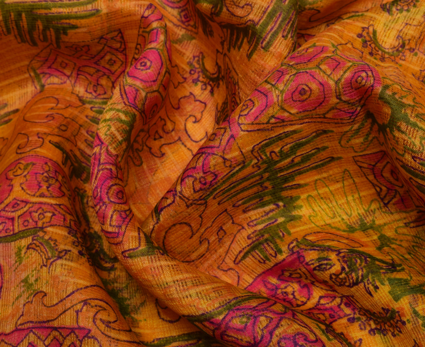 Sushila Vintage Indian Yellow Saree Pure Silk Printed Soft Craft Sari Fabric