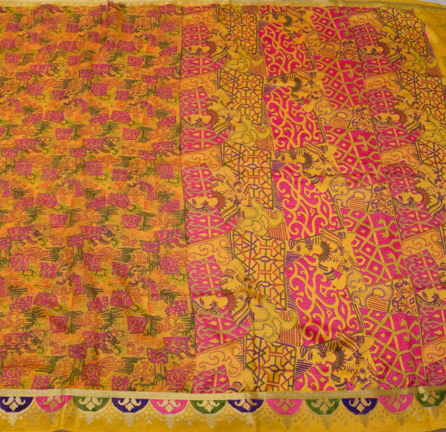 Sushila Vintage Indian Yellow Saree Pure Silk Printed Soft Craft Sari Fabric