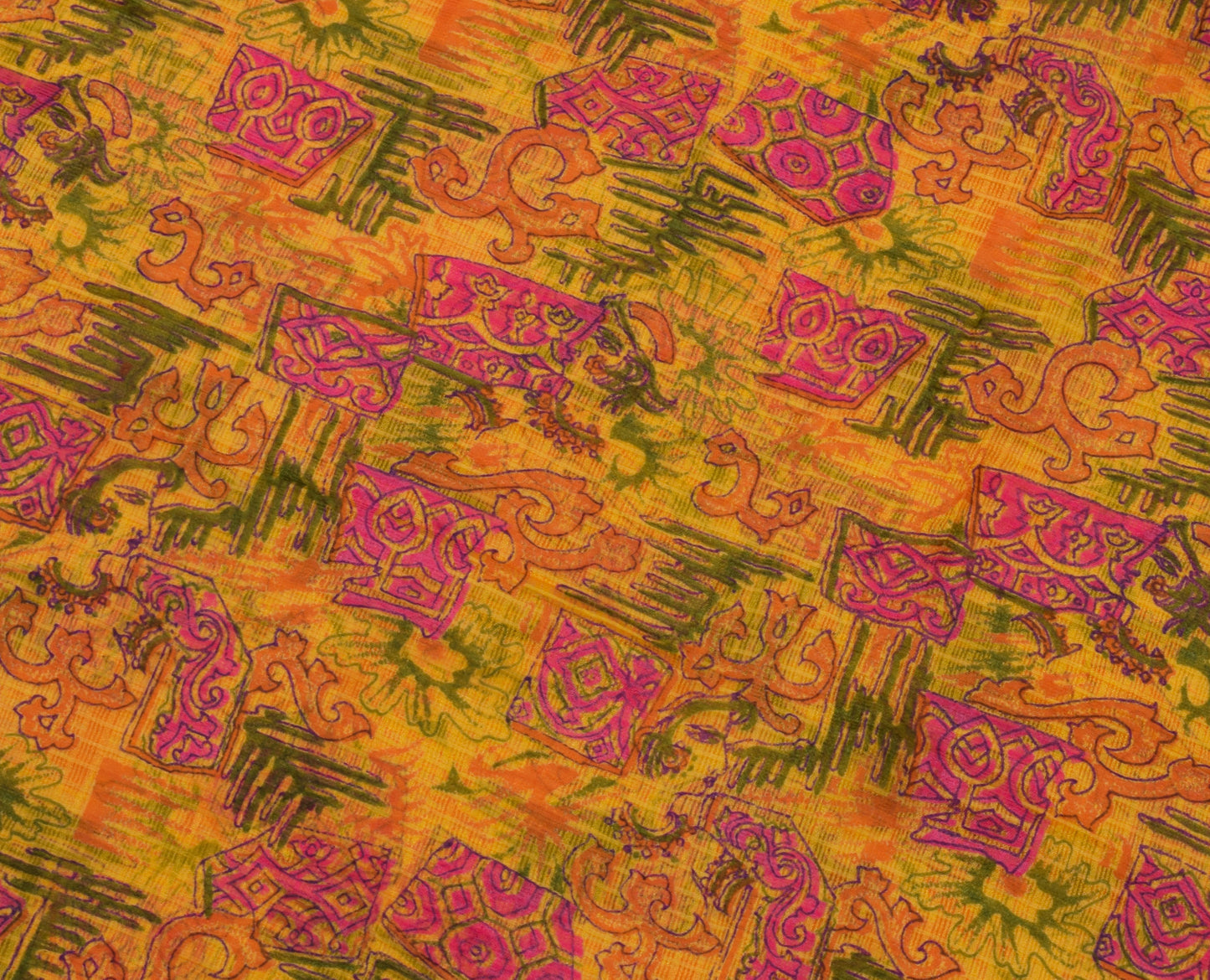 Sushila Vintage Indian Yellow Saree Pure Silk Printed Soft Craft Sari Fabric