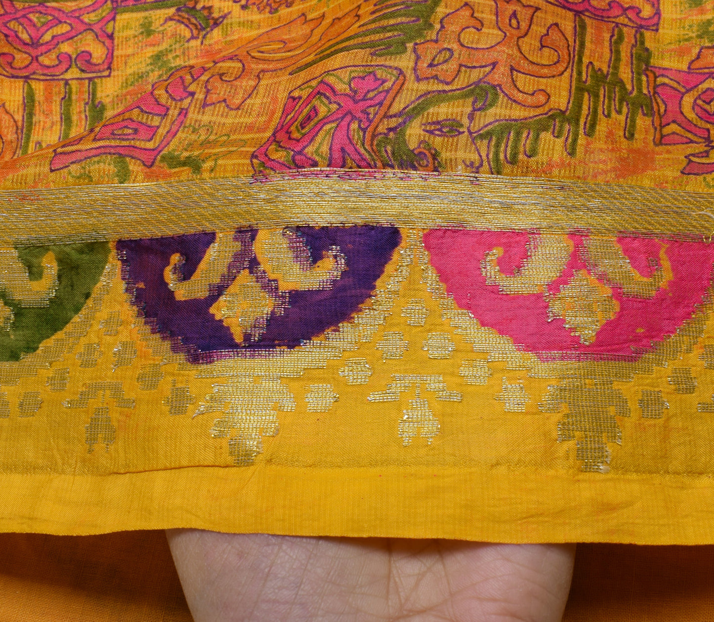 Sushila Vintage Indian Yellow Saree Pure Silk Printed Soft Craft Sari Fabric