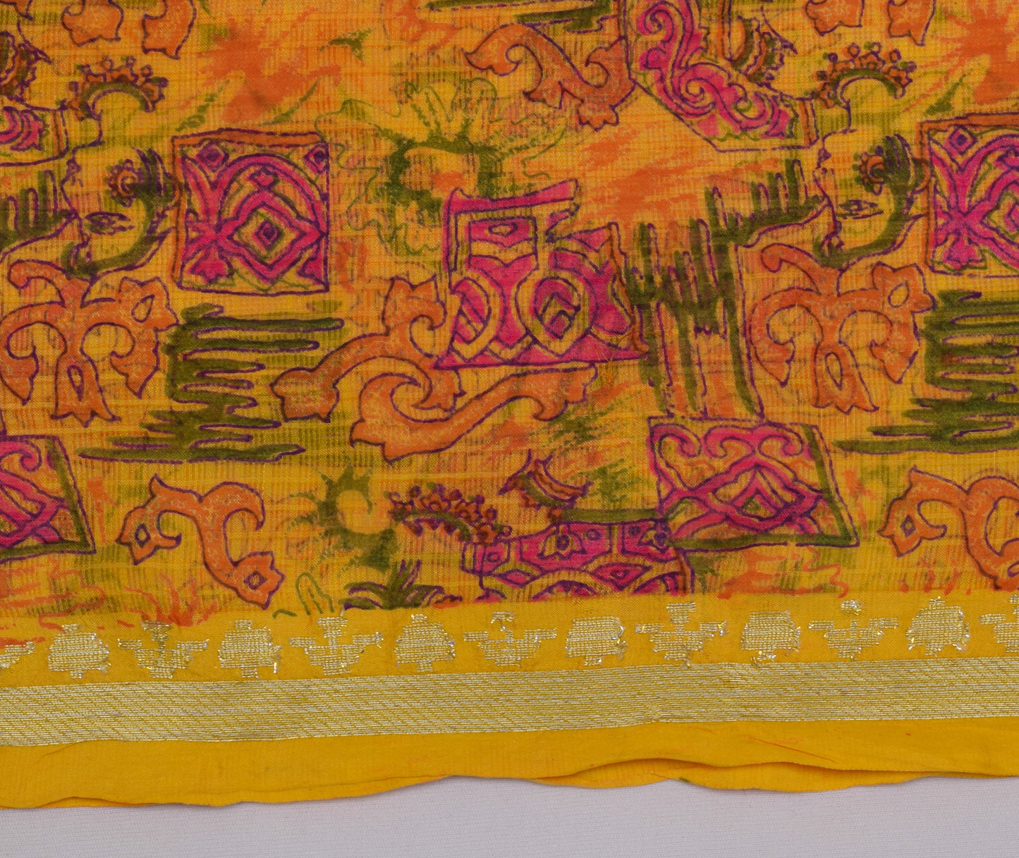 Sushila Vintage Indian Yellow Saree Pure Silk Printed Soft Craft Sari Fabric