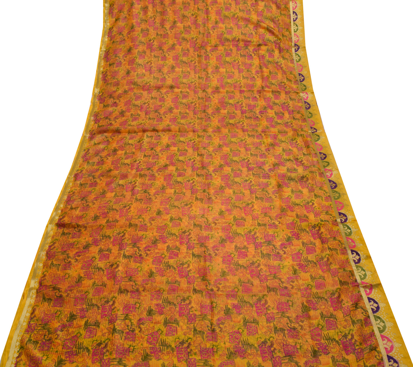 Sushila Vintage Indian Yellow Saree Pure Silk Printed Soft Craft Sari Fabric