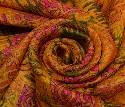 Sushila Vintage Indian Yellow Saree Pure Silk Printed Soft Craft Sari Fabric