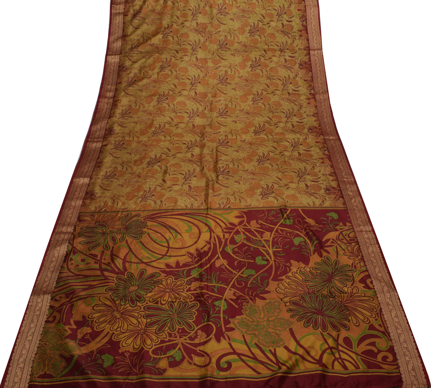 Sushila Vintage Brown Saree 100% Pure Silk Printed Floral Soft Craft 5 YD Fabric