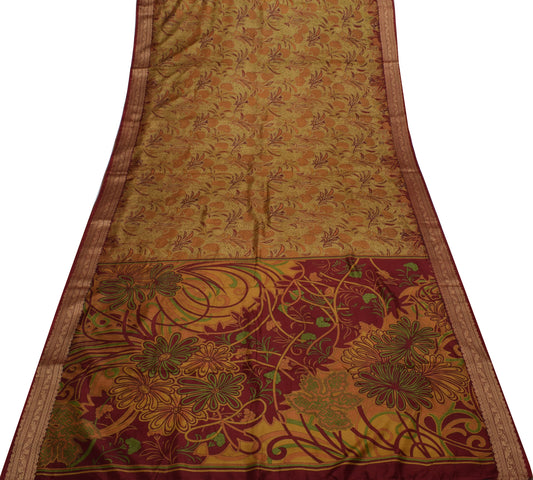 Sushila Vintage Brown Saree 100% Pure Silk Printed Floral Soft Craft 5 YD Fabric