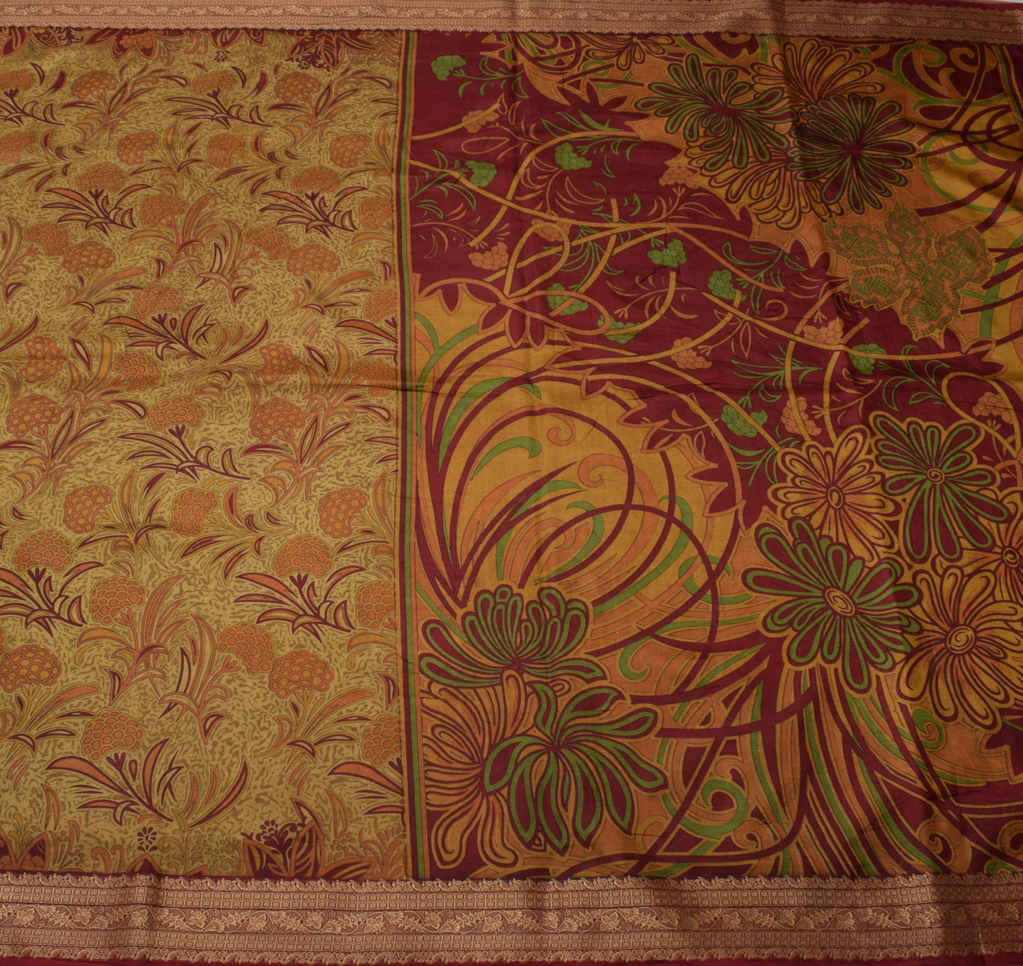 Sushila Vintage Brown Saree 100% Pure Silk Printed Floral Soft Craft 5 YD Fabric