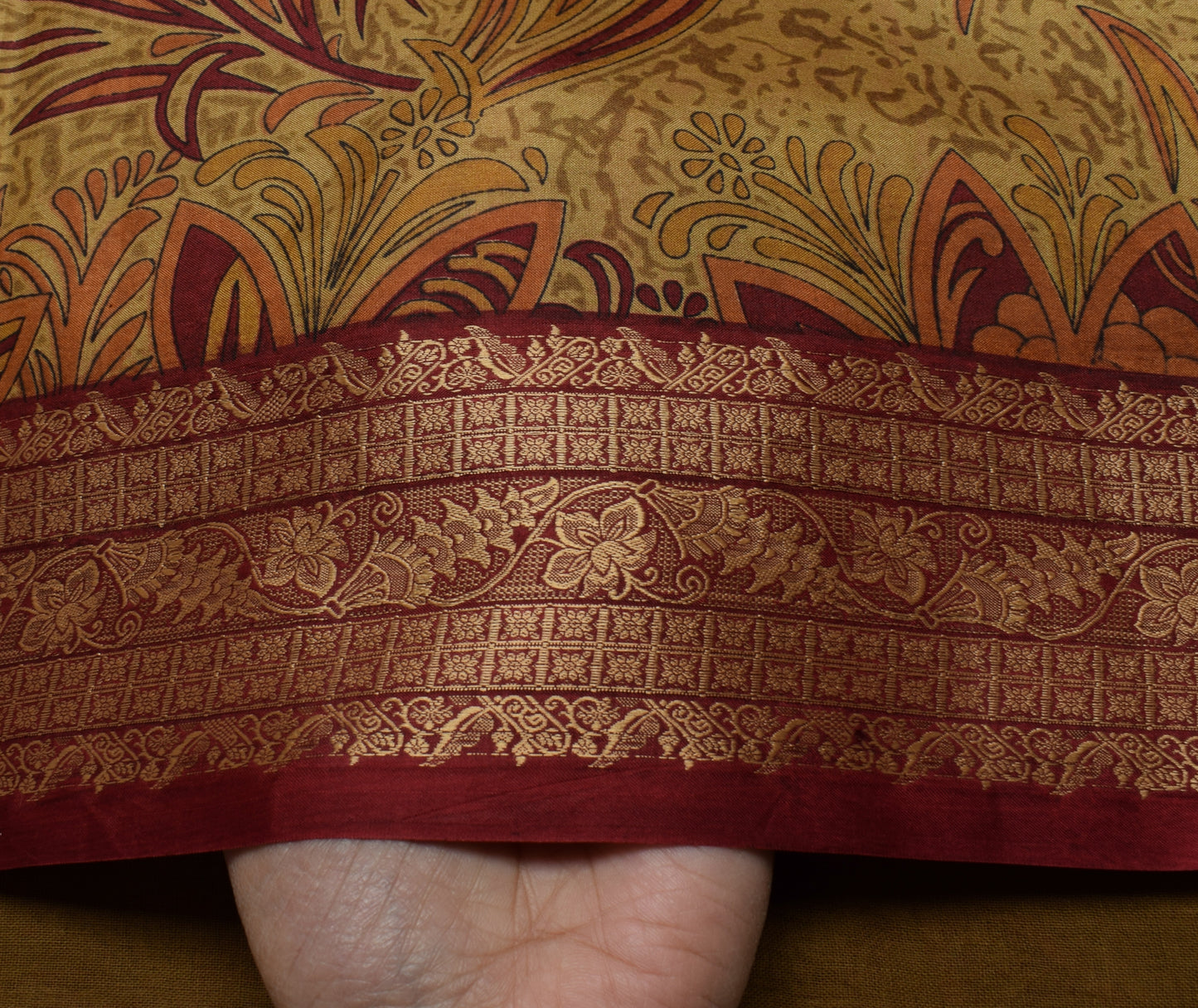 Sushila Vintage Brown Saree 100% Pure Silk Printed Floral Soft Craft 5 YD Fabric