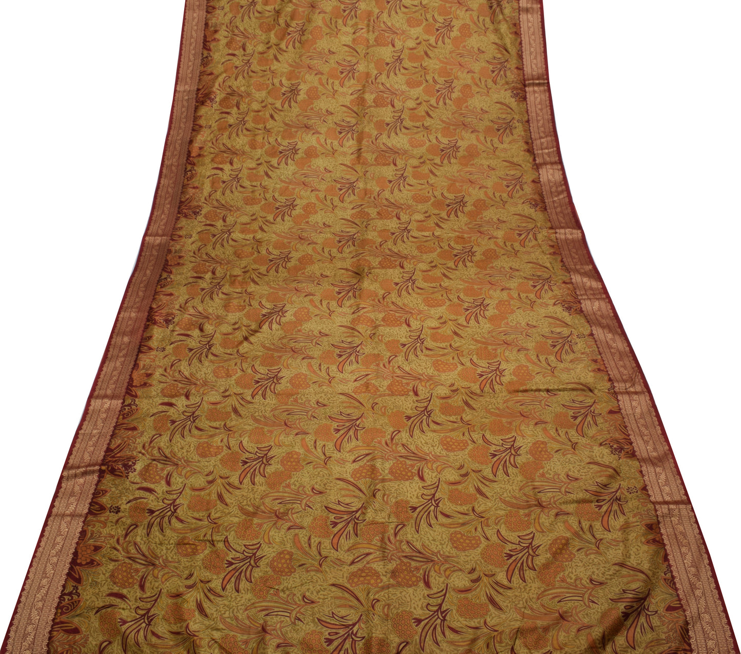 Sushila Vintage Brown Saree 100% Pure Silk Printed Floral Soft Craft 5 YD Fabric