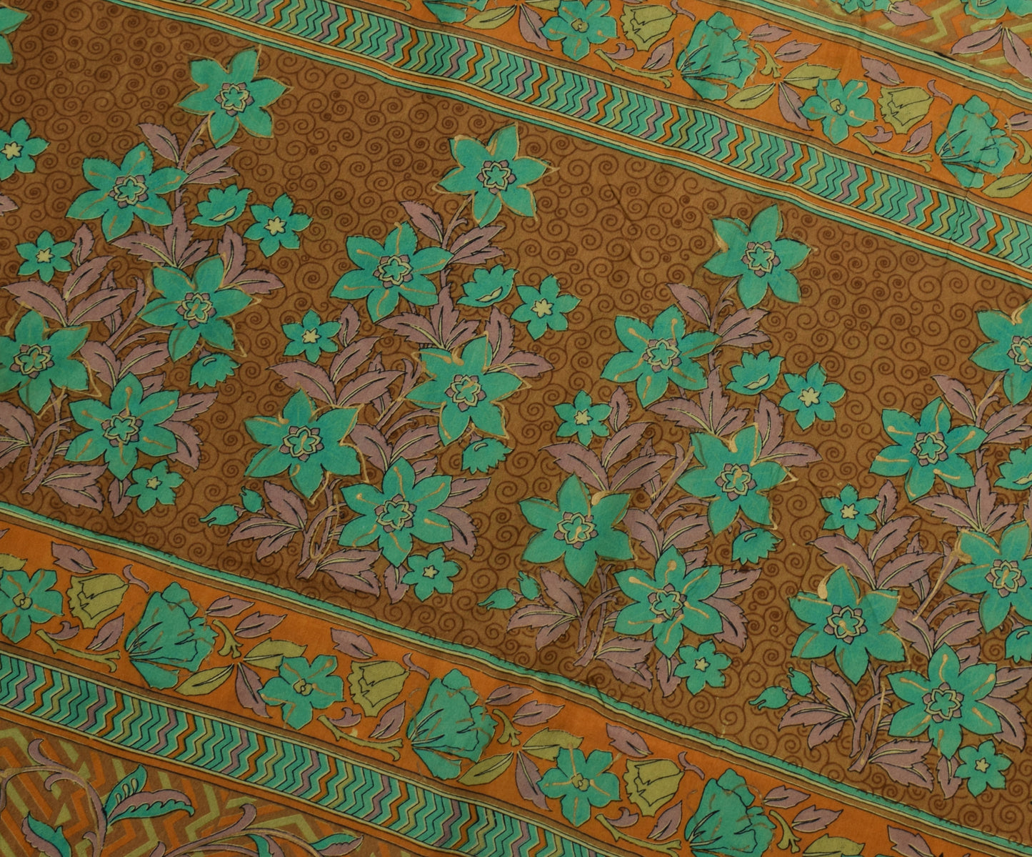 Sushila Vintage Brown Saree 100% Pure Silk Printed Floral Soft Craft Sari Fabric