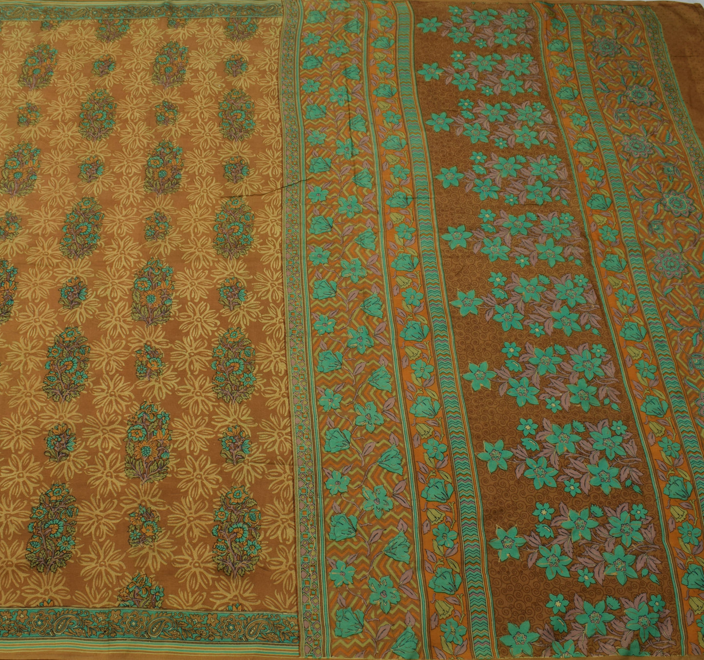 Sushila Vintage Brown Saree 100% Pure Silk Printed Floral Soft Craft Sari Fabric